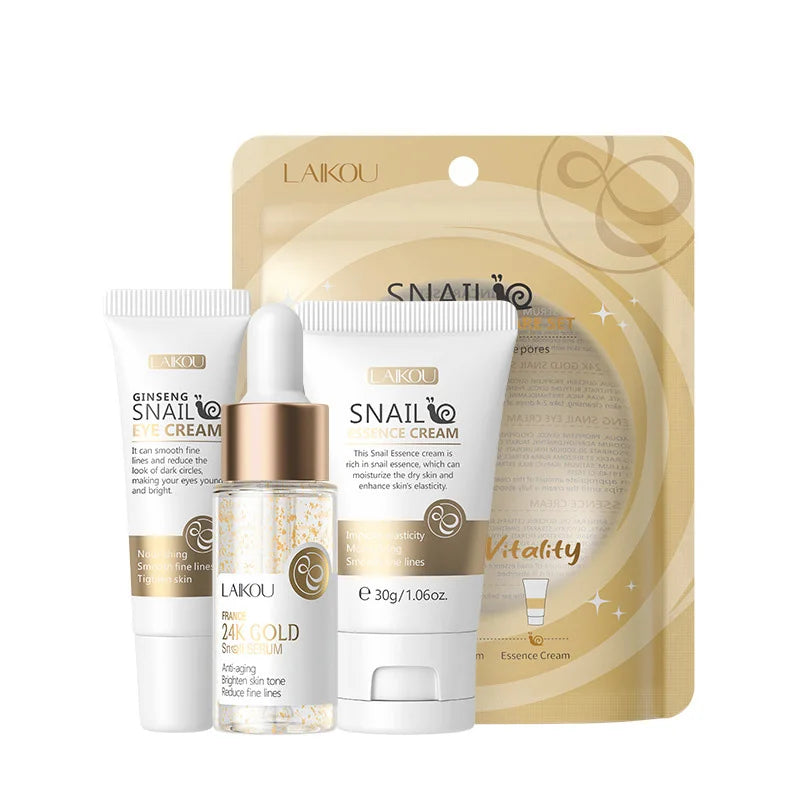 Set LAIKOU 3 Piezas – Crema Facial, Sérum y Contorno de Ojos Vitamina C, Sakura o Caracol Dorado