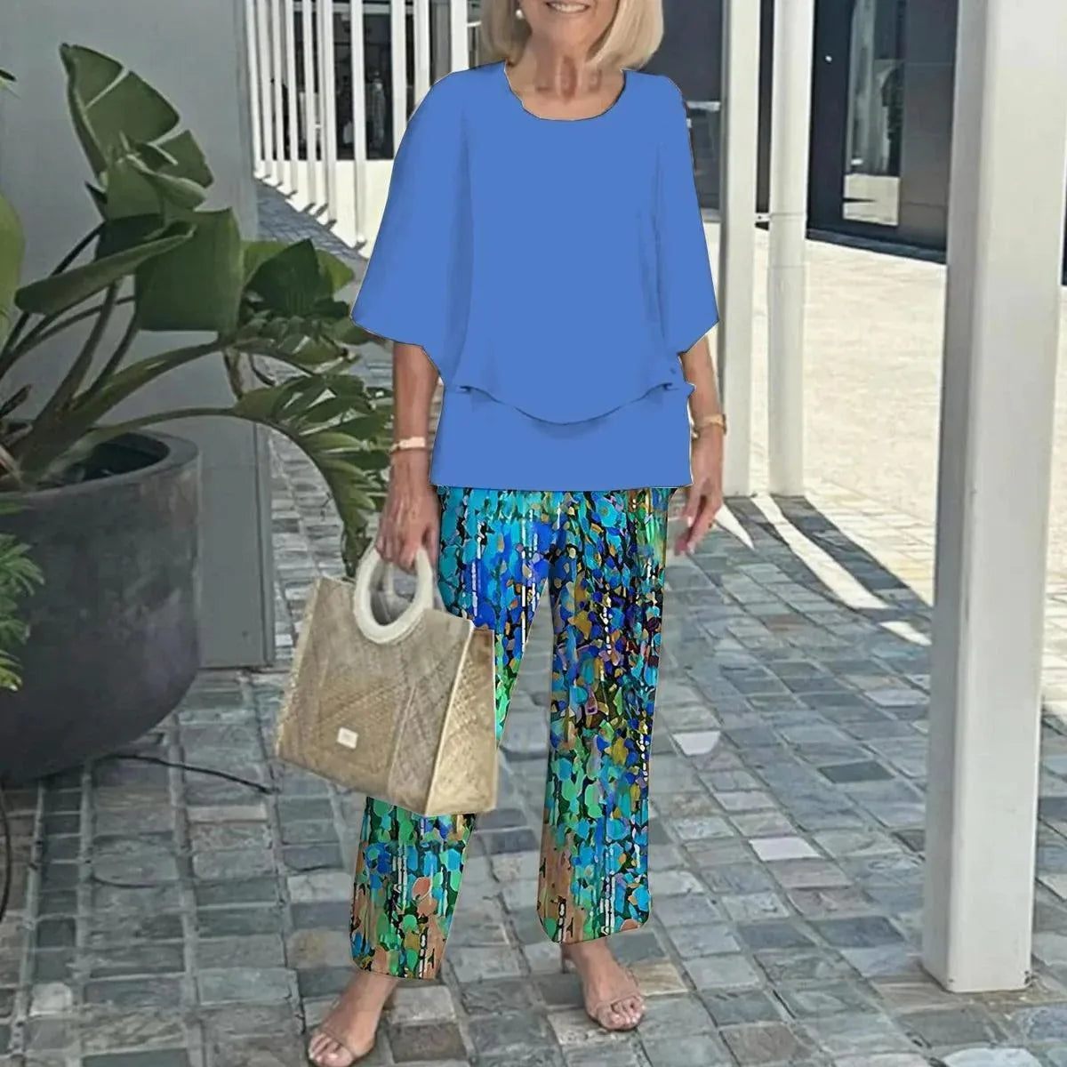 Conjunto 2 Piezas Verano Mujer | Top Estampado + Pantalón Pierna Ancha