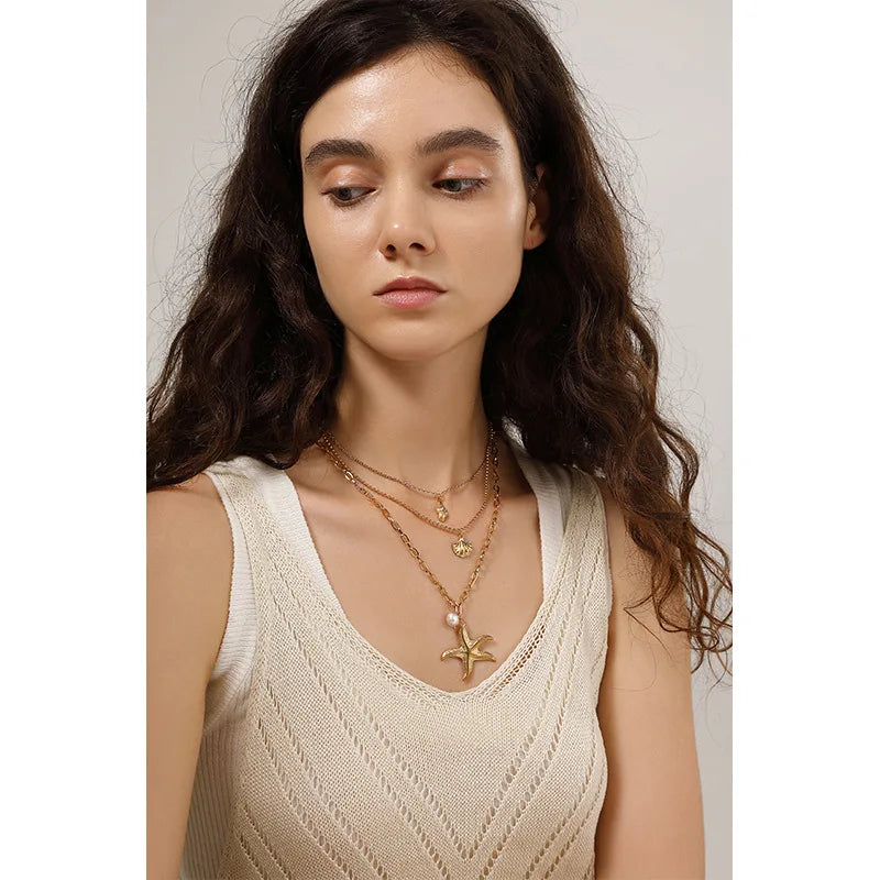 Collar Colgante Estrella de Mar Concha y Perla 3 en 1 para Mujer