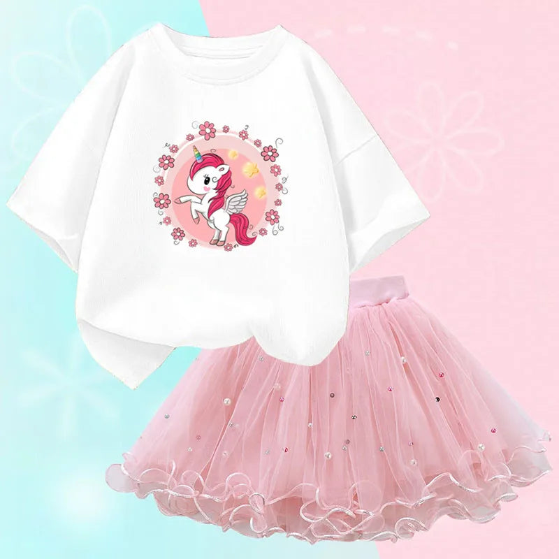 Fashion Summer Girls Clothes Korean Pretty T Shirt&mesh Tutu Skirt Two Piece Outfits Set 3-14 Year Children Party Clothing