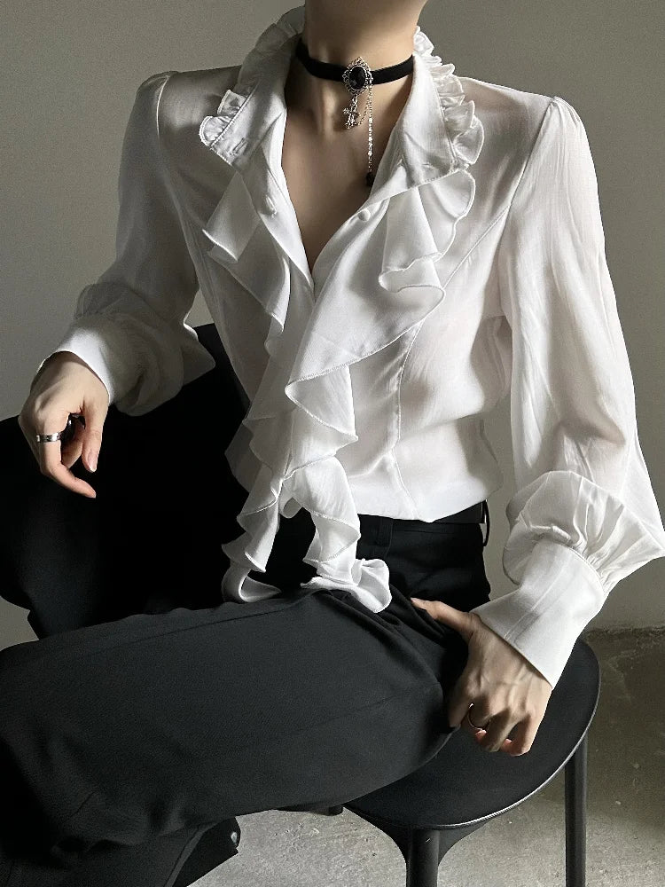 Camisa Vintage Gótica Negra Base Mujer Y2k Harajuku Cuello Alto Volantes Ajustada Blusas Japonesa Elegante Manga Larga Tops Nueva