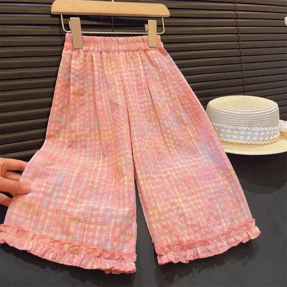 Bear Leader Summer Kids Fashion Outfits Girls Clothing Sets Pink Plaid Sleeveless Top + Wide Leg Pants Lace Two-piece Suits