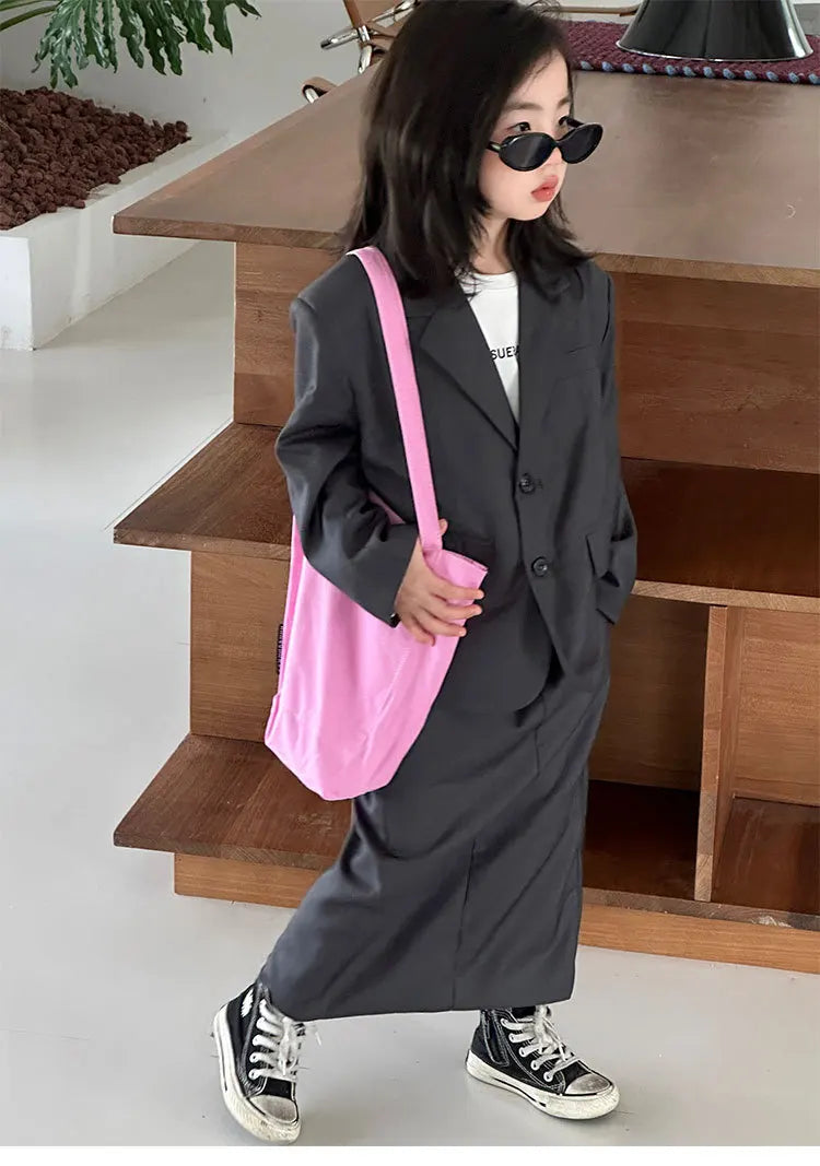 Girls Grey Suit Spring 2026 Casual Loose Blazer Skirt Two Pieces School Uniform for Kids Wedding Party Formal Costumes 2-13 Year