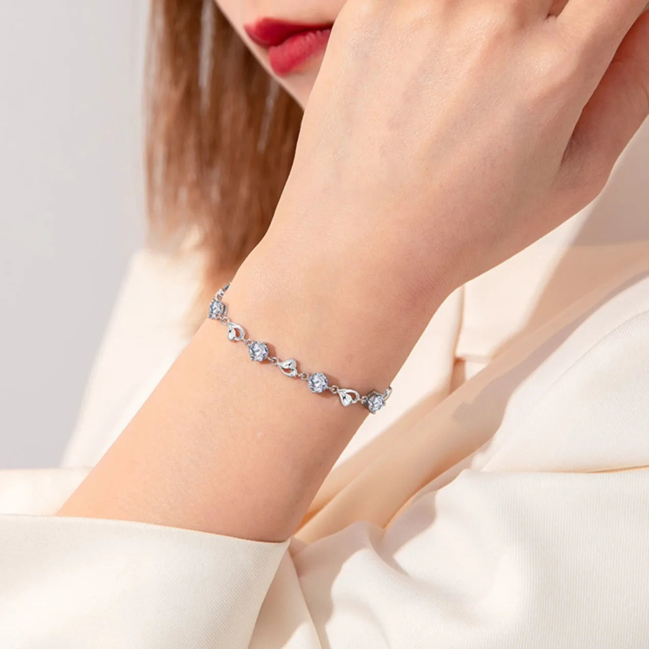 Pulsera Corazón Cristal Azul Estilo Coreano Plata 925 para Mujer