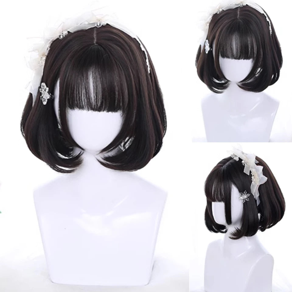 Peluca Sintética Corta con Dobles Coletas Rizadas y Flequillo – Estilo Lolita Cosplay