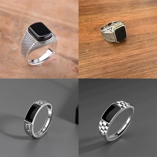 Anillo Abierto Ajustable Ónix Negro Acero Inoxidable para Hombre y Mujer