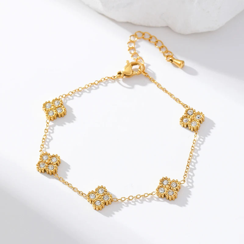 Set Collar Pulsera Aretes Trébol Hoja Zircon Acero Inoxidable para Mujer