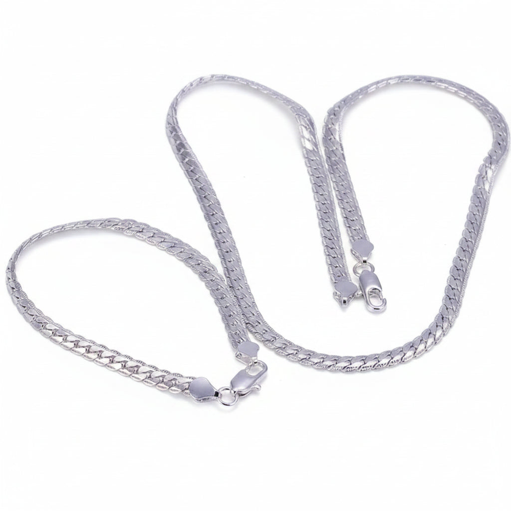 Set Joyería Plata 925 Sterling Silver Navidad Estilo Europeo - Cadena Plana 6MM Collar Pulsera Hombre Mujer Regalo
