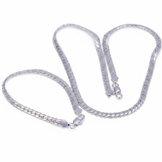 Set Joyería Plata 925 Sterling Silver Navidad Estilo Europeo - Cadena Plana 6MM Collar Pulsera Hombre Mujer Regalo