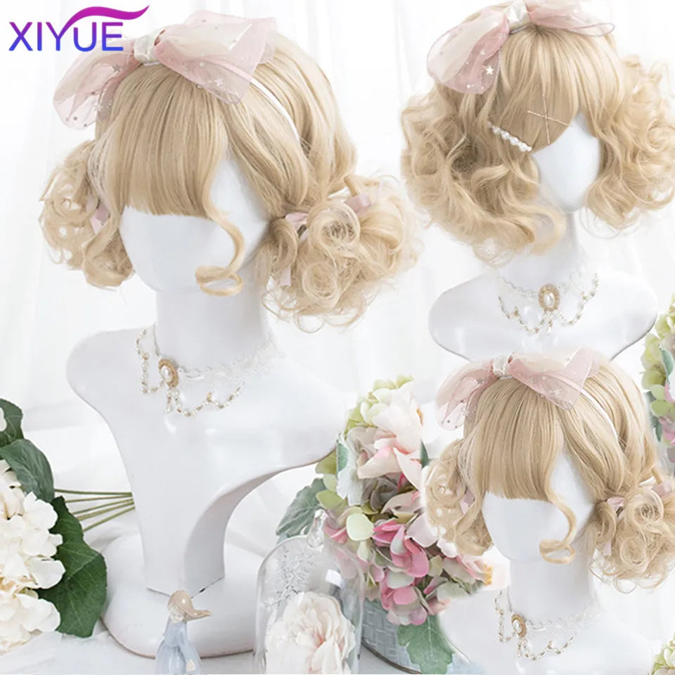 Peluca Sintética Corta con Dobles Coletas Rizadas y Flequillo – Estilo Lolita Cosplay