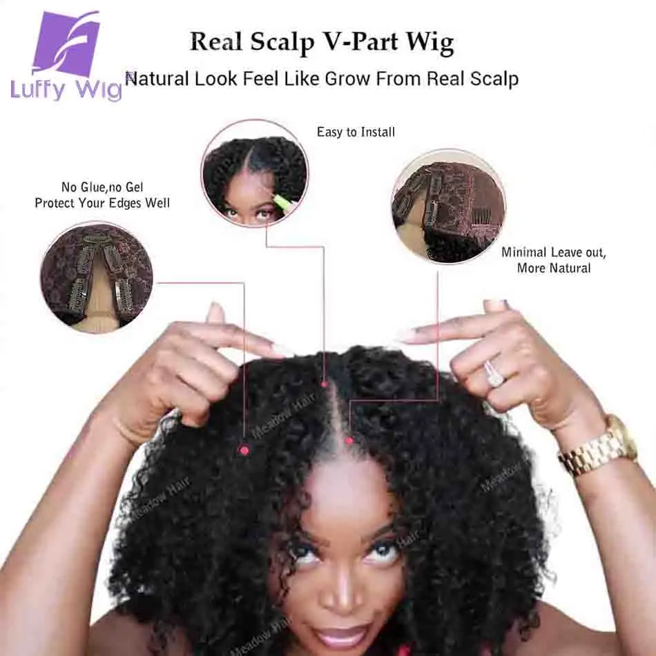 Peluca Kinky Curly V Part | Cabello Humano Brasileño 180% Densidad Glueless