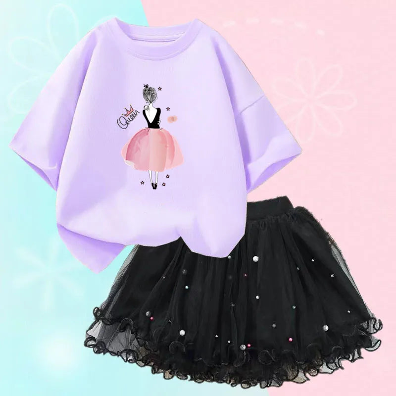 Fashion Summer Girls Clothes Korean Pretty T Shirt&mesh Tutu Skirt Two Piece Outfits Set 3-14 Year Children Party Clothing