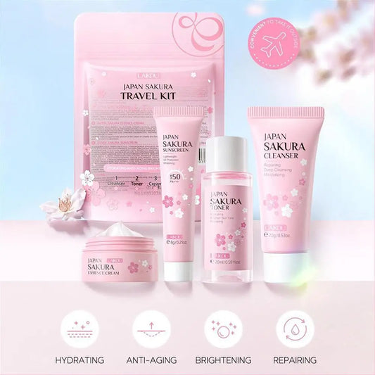 LAIKOU Set Skincare Sakura – Limpiador, Toner, Crema Facial y Protector Solar | Kit Viaje