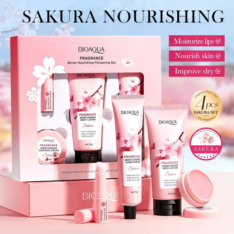 Kit Sakura BIOAQUA 4 Piezas - Crema Corporal, Manos, Labios y Loción