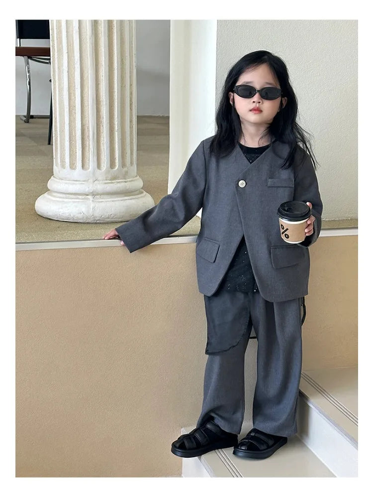 Girls Grey Suit Spring 2026 Casual Loose Blazer Skirt Two Pieces School Uniform for Kids Wedding Party Formal Costumes 2-13 Year