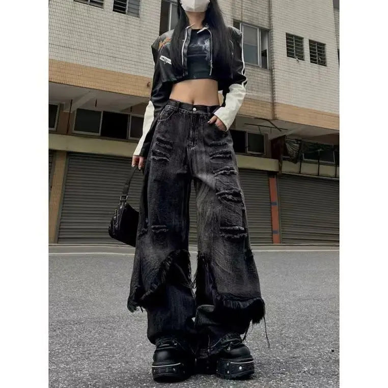 2025 Y2K European and American Harajuku Wide Loose Jeans Wide Legs Gothic Punk Multi-Pocket Hip-hop Washed New High Street Y2k