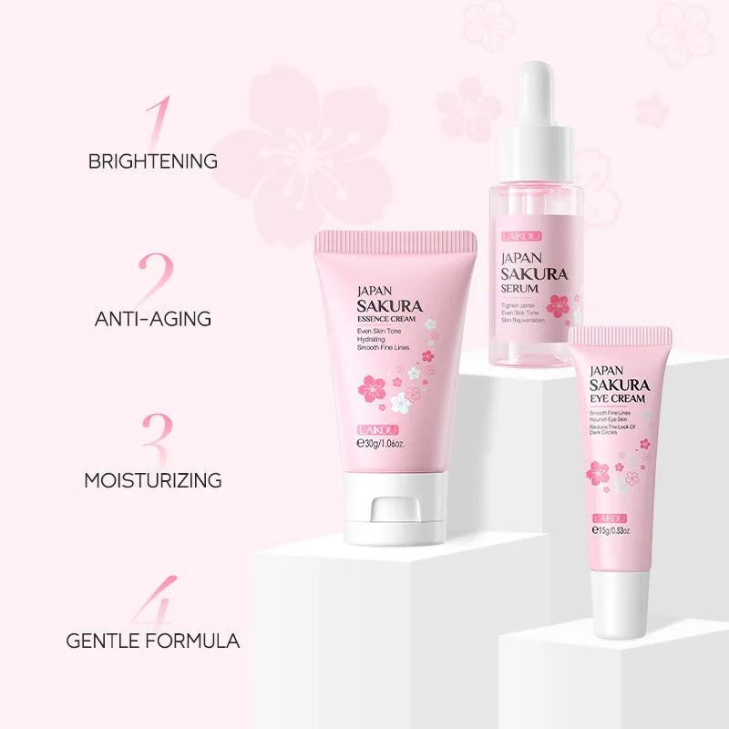 Set LAIKOU 3 Piezas – Crema Facial, Sérum y Contorno de Ojos Vitamina C, Sakura o Caracol Dorado
