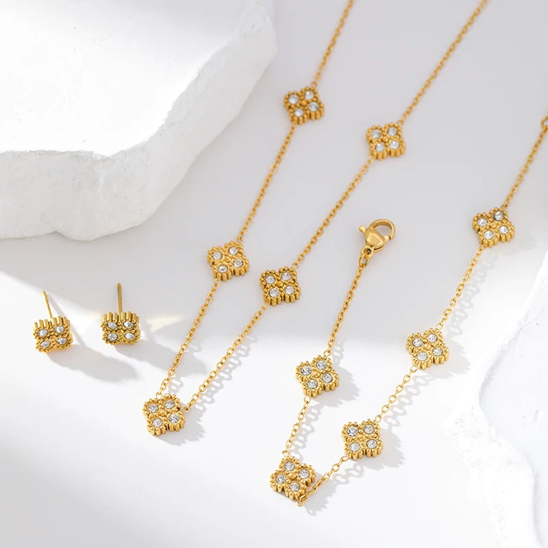 Set Collar Pulsera Aretes Trébol Hoja Zircon Acero Inoxidable para Mujer