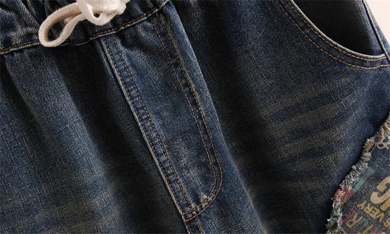 New Women Embroidery Retro Denim Jeans 2024 Spring Autumn High Waist Nine Points Cowboy Trousers Denim Harlan Pants Femme