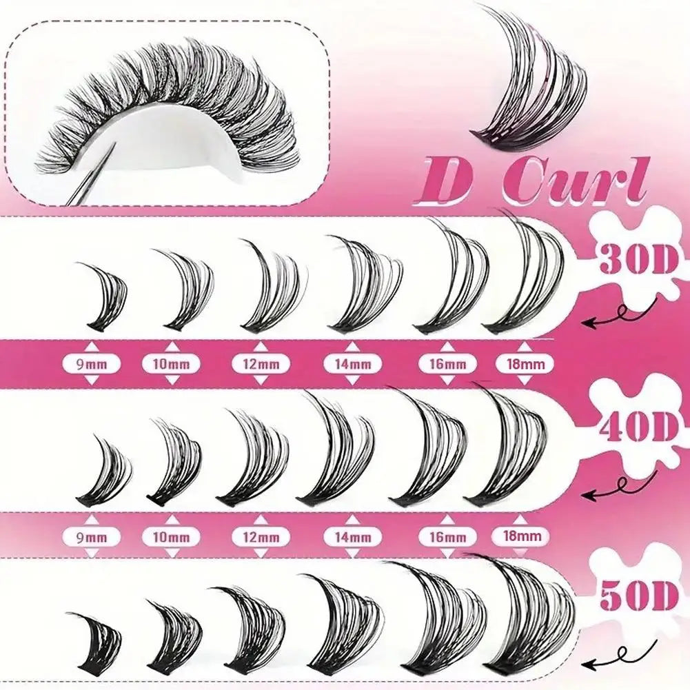 Kit DIY Extensiones Pestañas 50D-100D Clusters 8-16mm Individuales - Con Adhesivo y Sellador Maquillaje Ojos