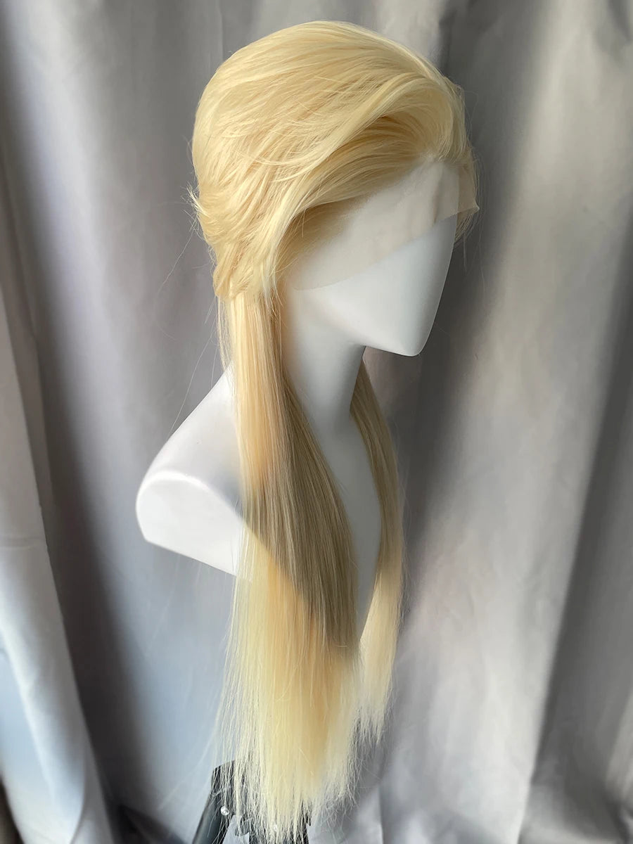 Peluca Mullet Larga Rubio Platino 613 – Frontal de Encaje 13x4 Sintética para Cosplay y Halloween