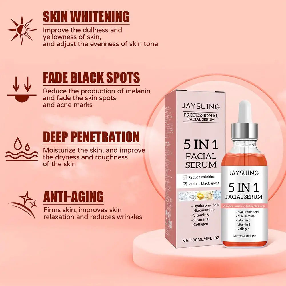 Sérum Facial 5 en 1 – Vitamina C, Ácido Hialurónico, Reafirmante, Iluminador y Reductor de Poros