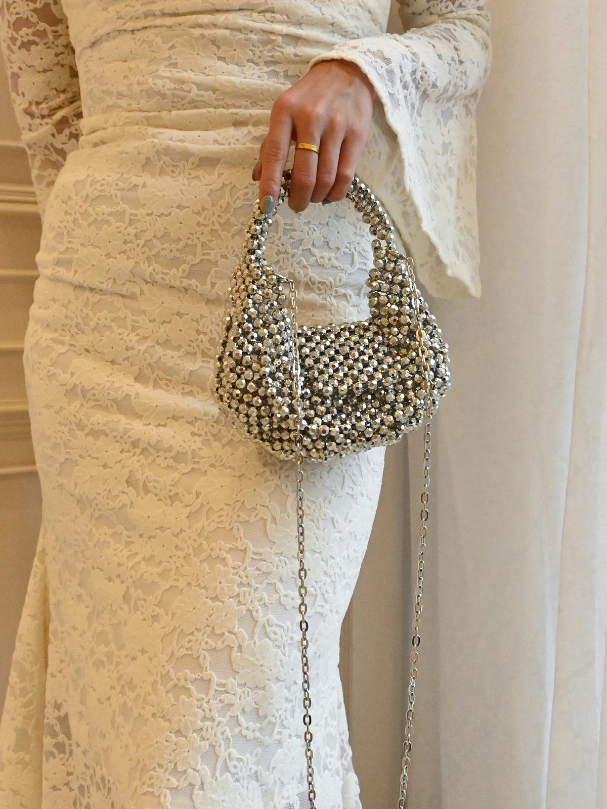 Bolso de Fiesta con Cuentas de Perlas y Cadena