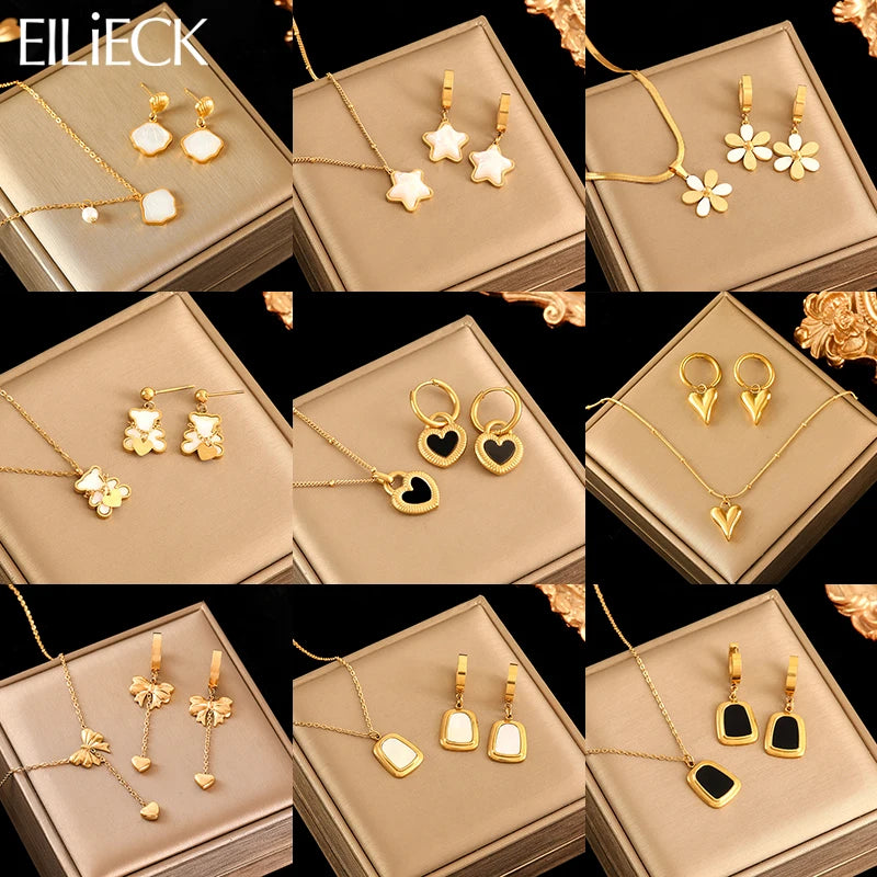 Set Collar y Aretes Flor Estrella Corazón Acero Inoxidable Dorado para Mujer
