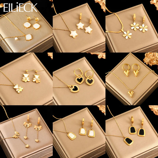 Set Collar y Aretes Flor Estrella Corazón Acero Inoxidable Dorado para Mujer