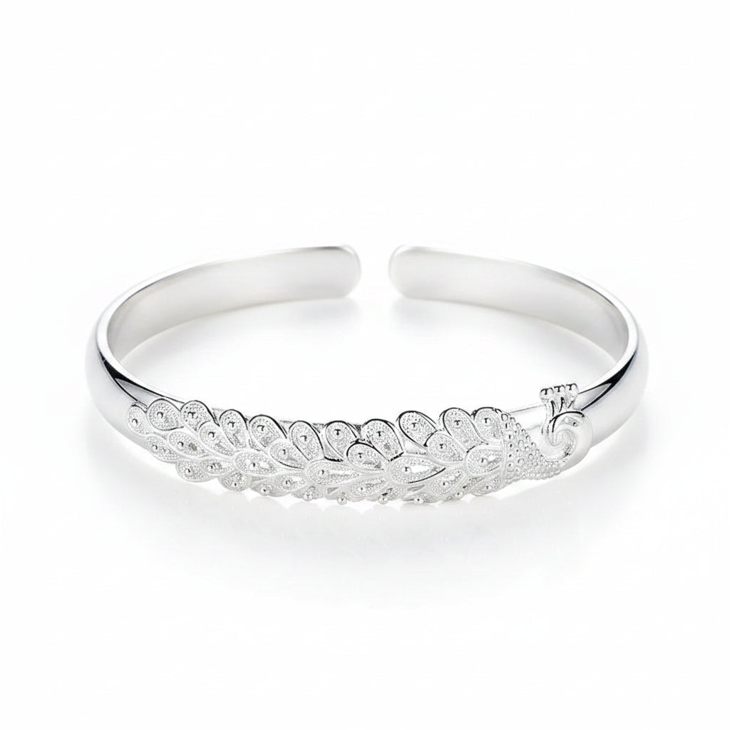 Pulsera Plata 925 Sterling Silver Pavo Real Elegante Apertura - Brazalete Mujer Moda Fiesta Boda Accesorio Regalo