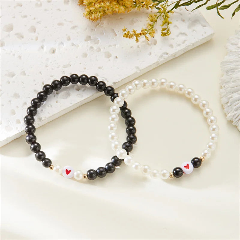 Set 2 Pulseras Pareja Cuentas Corazón San Valentín
