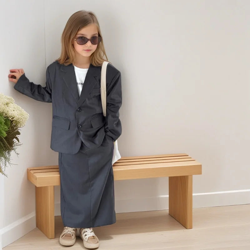 Girls Grey Suit Spring 2026 Casual Loose Blazer Skirt Two Pieces School Uniform for Kids Wedding Party Formal Costumes 2-13 Year