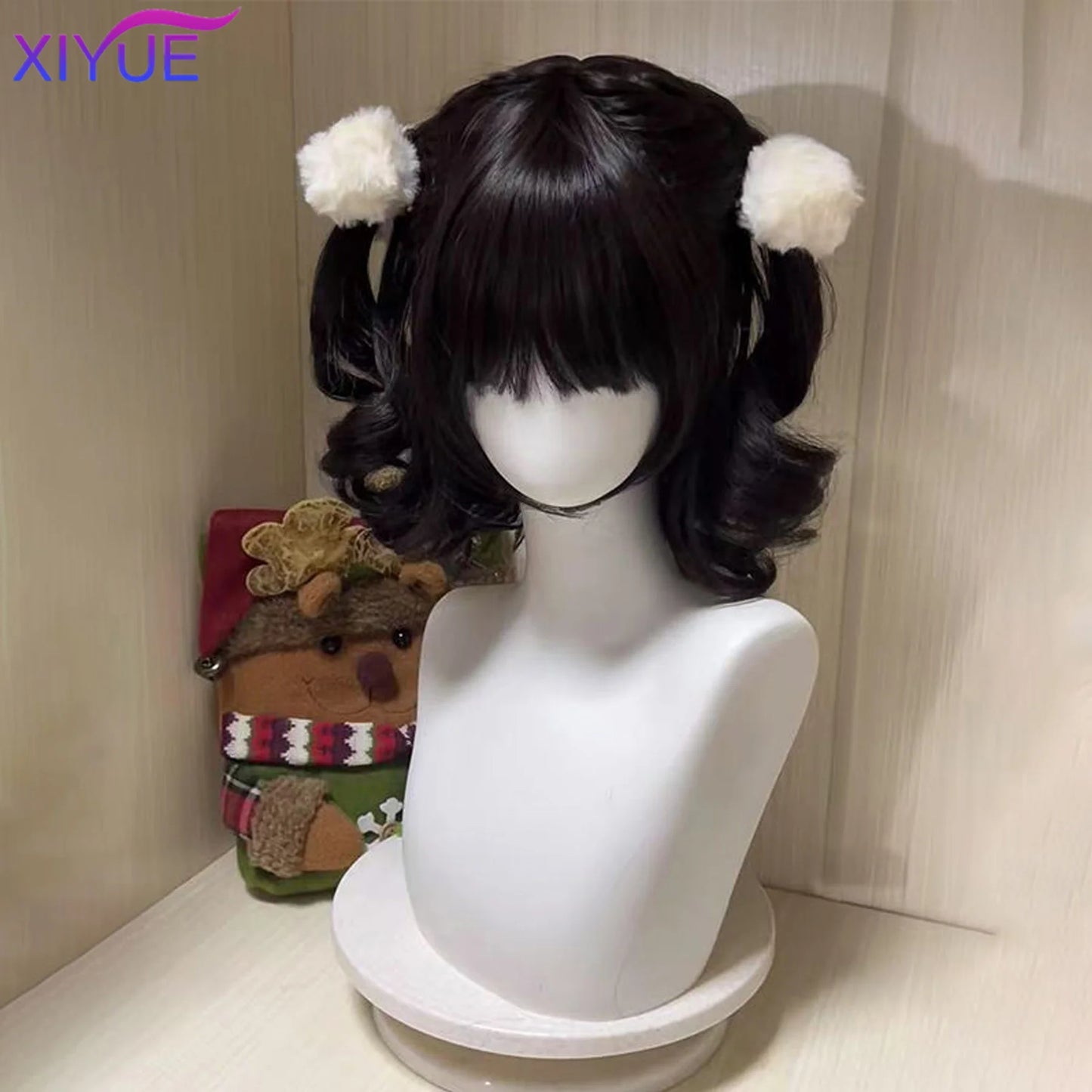 Peluca Sintética Corta con Dobles Coletas Rizadas y Flequillo – Estilo Lolita Cosplay