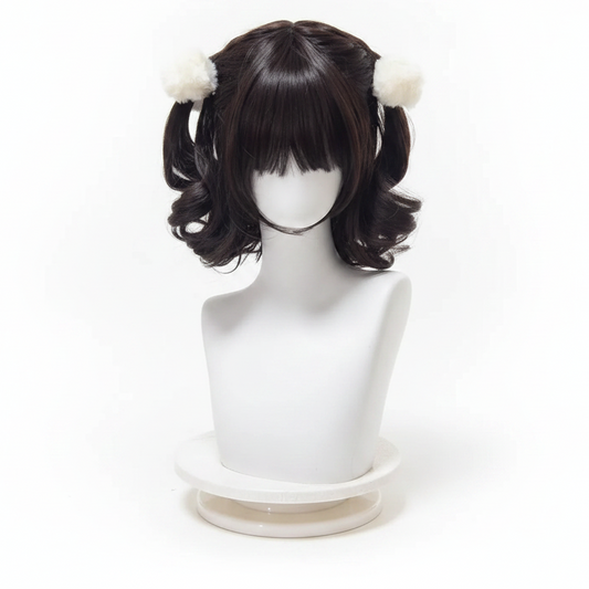 Peluca Sintética Corta con Dobles Coletas Rizadas y Flequillo – Estilo Lolita Cosplay