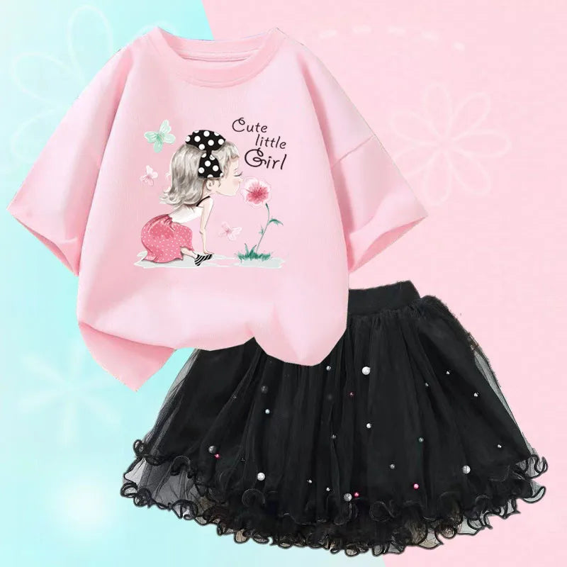 Fashion Summer Girls Clothes Korean Pretty T Shirt&mesh Tutu Skirt Two Piece Outfits Set 3-14 Year Children Party Clothing