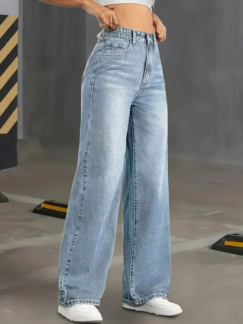 Y2k Jeans Jeans for Woman Classic Blue Elastic Straight Leg Simple Design Retro Style Stretchy Denim Trousers