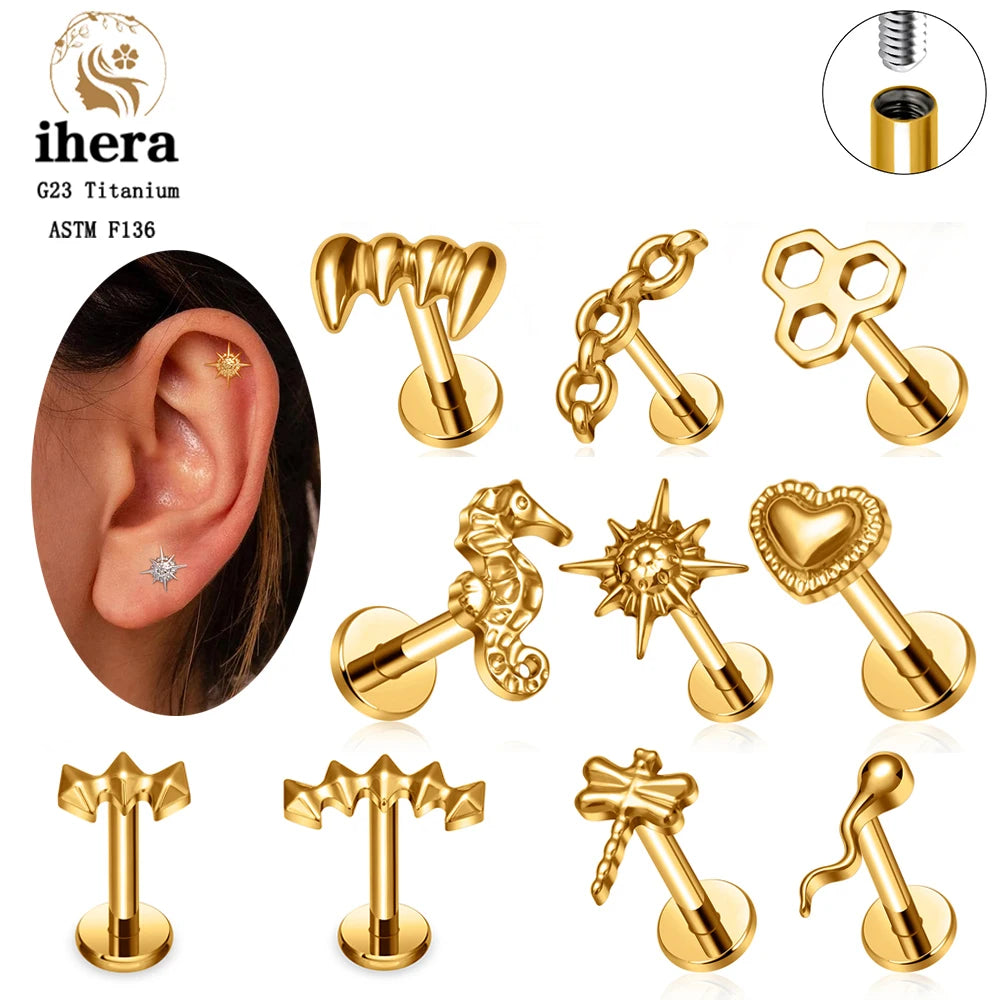 Piercing de Titanio ASTM F136 Caballito de Mar y Corazón - 16G Labret para Cartílago