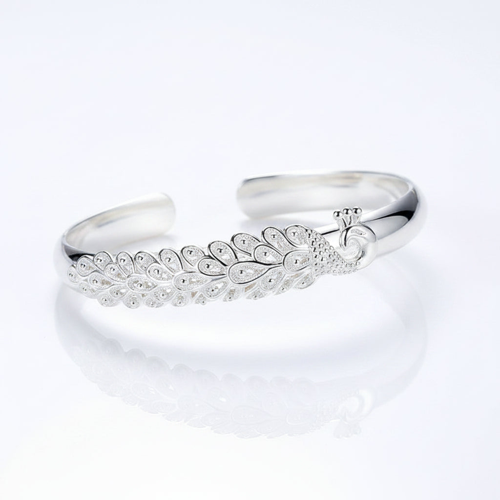 Pulsera Plata 925 Sterling Silver Pavo Real Elegante Apertura - Brazalete Mujer Moda Fiesta Boda Accesorio Regalo