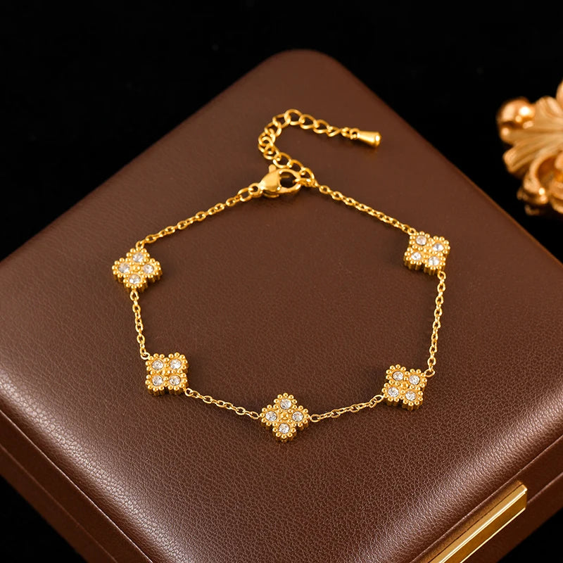 Set Collar Pulsera Aretes Trébol Hoja Zircon Acero Inoxidable para Mujer