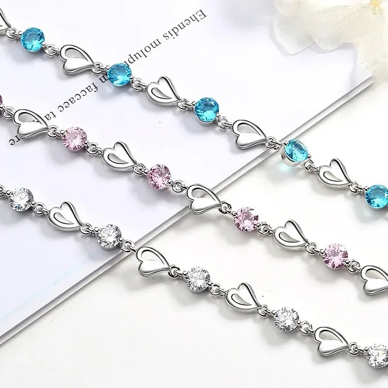 Pulsera Corazón Cristal Azul Estilo Coreano Plata 925 para Mujer