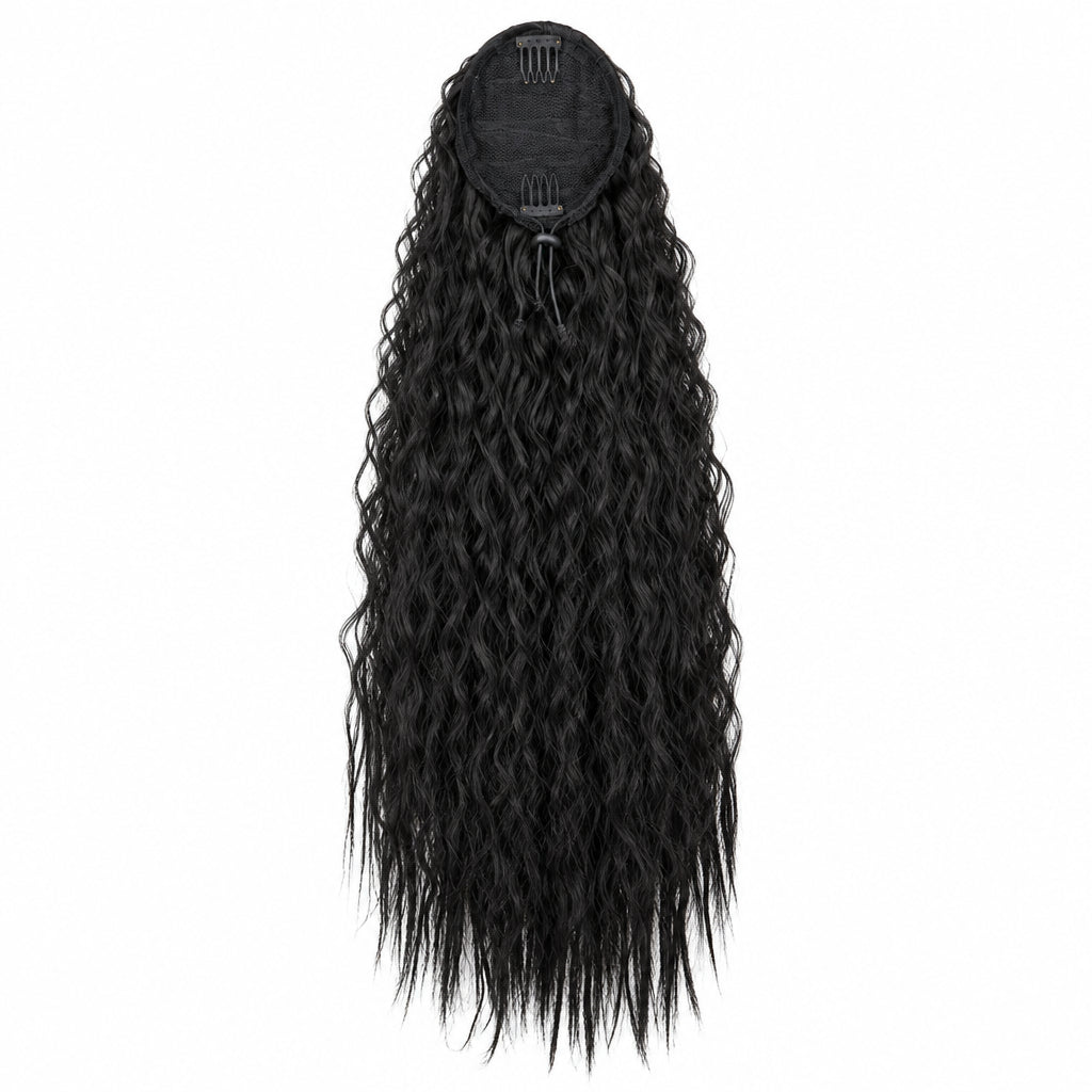 Cola de Caballo Kinky Curly Sintética 22 Pulgadas – Extensión con Clip y Cordón | Negro para Mujer