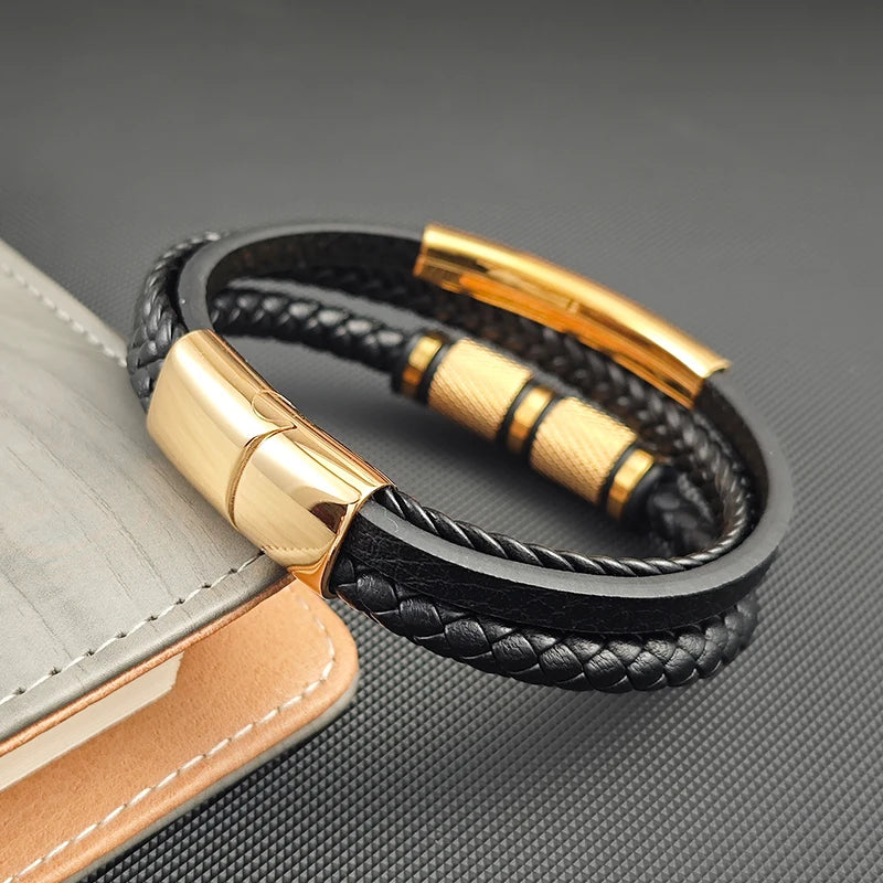 Pulsera de Cuero Punk Rock para Hombre - Estilo Clásico con Cierre Magnético