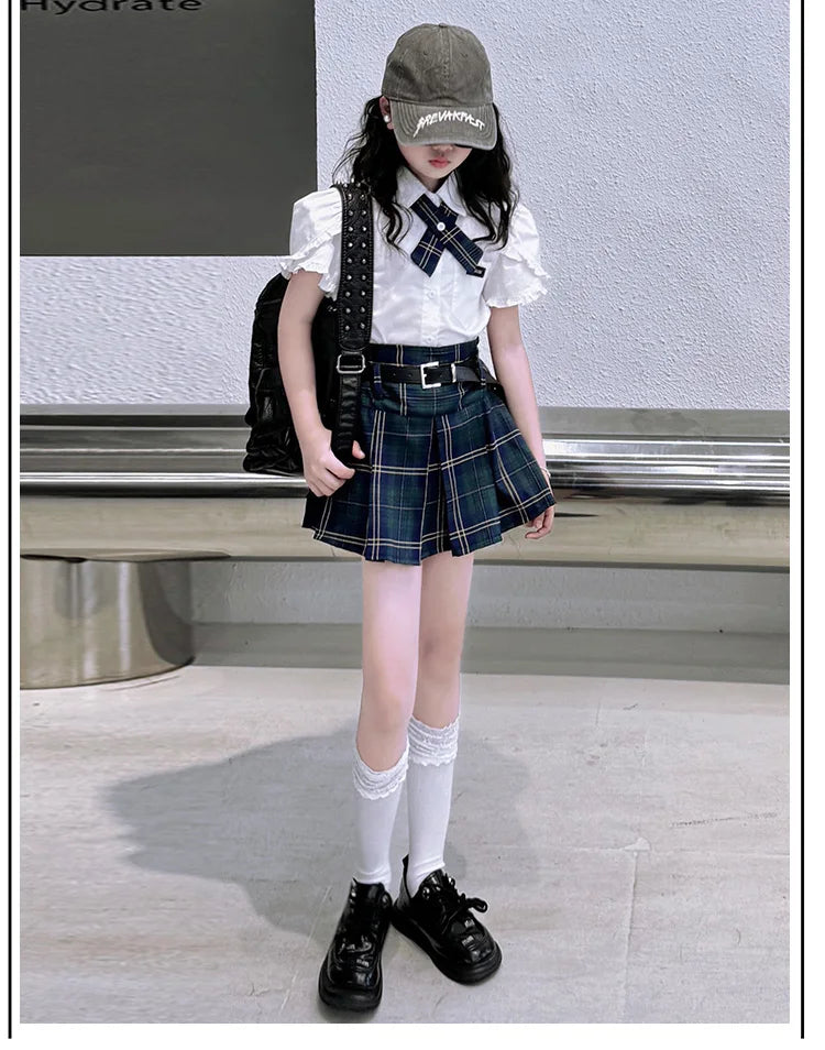 Conjunto Preppy Coreano de Verano para Niña – Blusa + Falda a Cuadros 2 Piezas con Cinturón