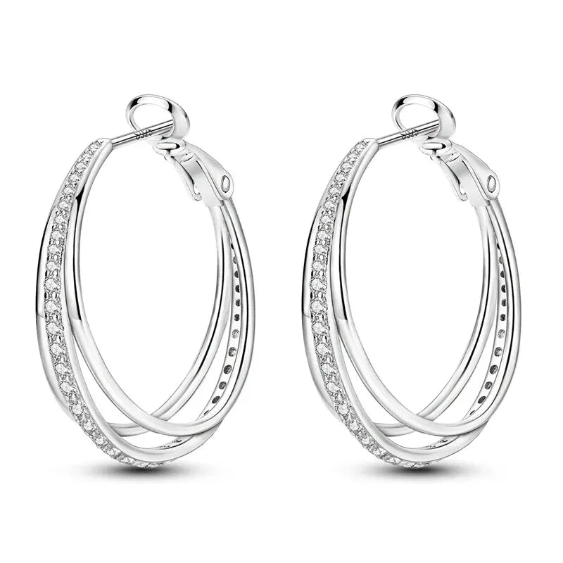 Aretes Aro Redondo Zircón Geométrico Plata 925 para Mujer