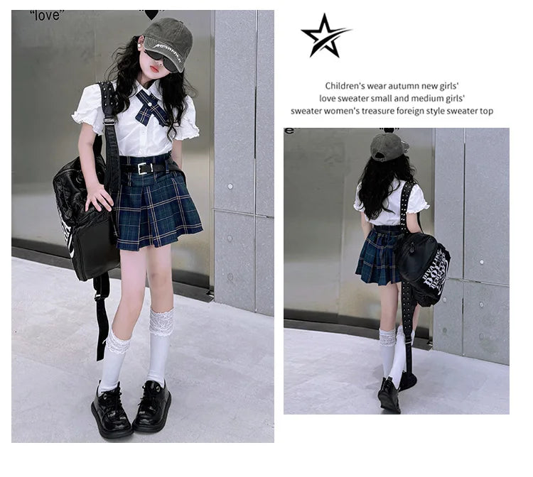 Conjunto Preppy Coreano de Verano para Niña – Blusa + Falda a Cuadros 2 Piezas con Cinturón