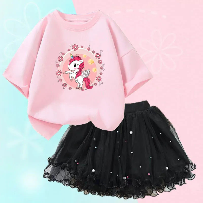 Fashion Summer Girls Clothes Korean Pretty T Shirt&mesh Tutu Skirt Two Piece Outfits Set 3-14 Year Children Party Clothing