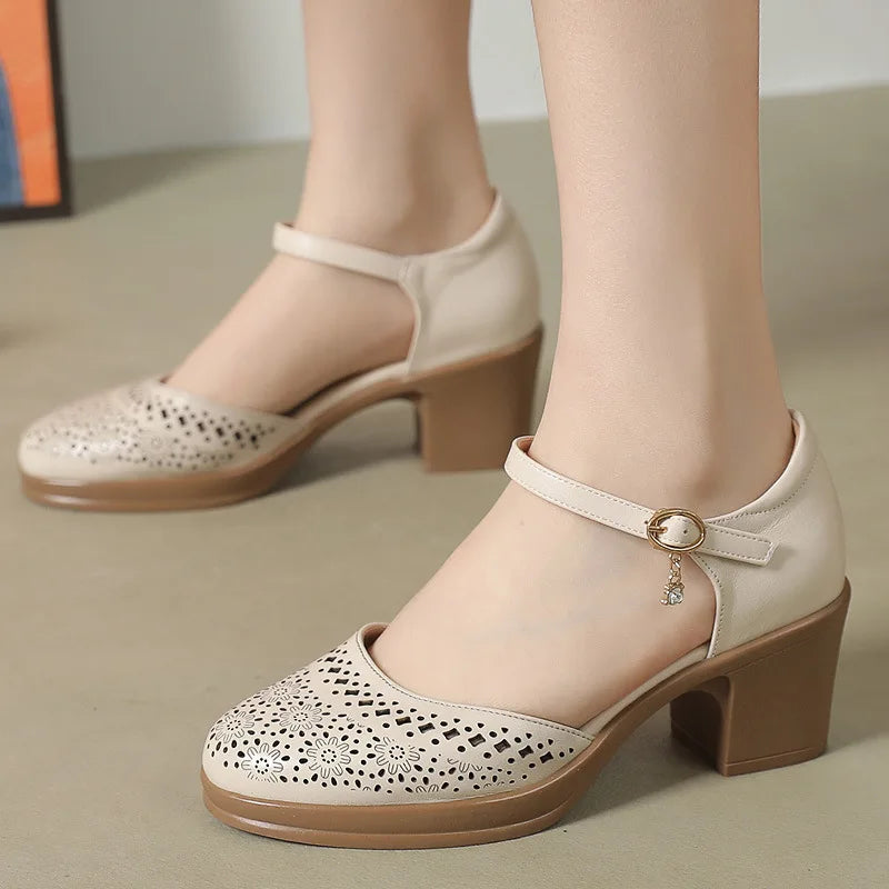Sandalias Cuero Genuino Tacón Hueco Mujer - Estilo Retro Elegante 2026