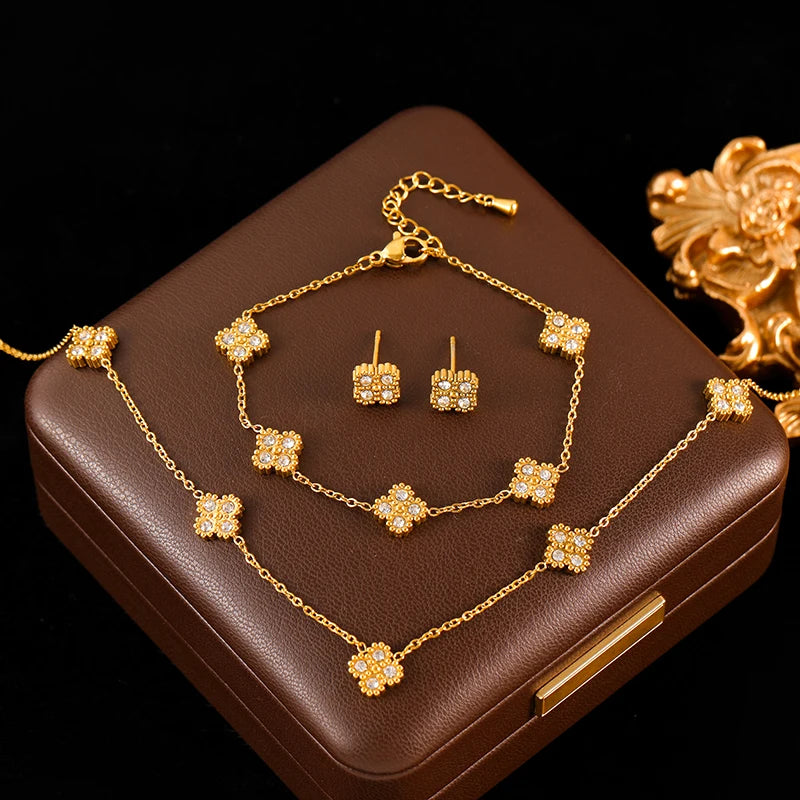 Set Collar Pulsera Aretes Trébol Hoja Zircon Acero Inoxidable para Mujer