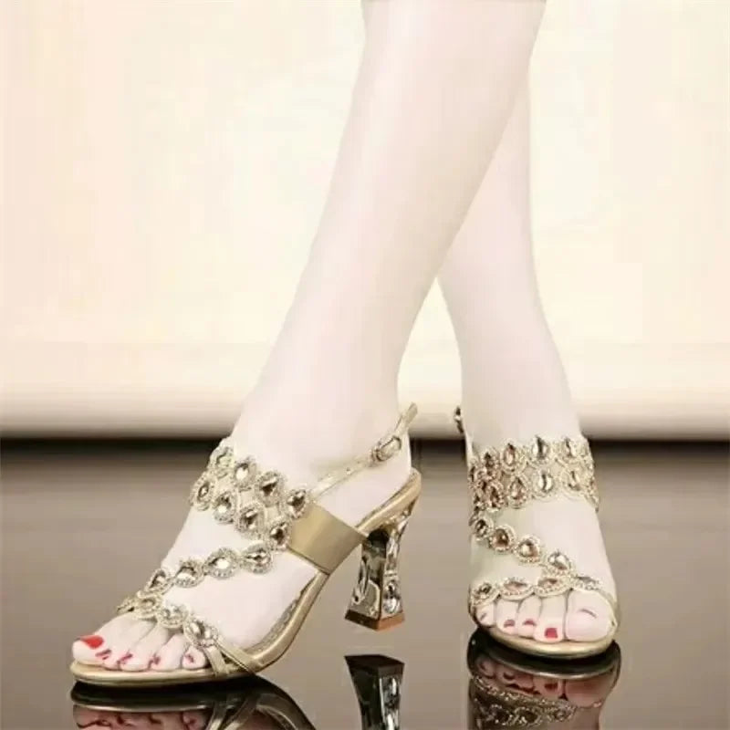 Sandalias Tacón Alto Mujer 2025 – Morado Diamantes Flores Cristal Talla Grande 33-41