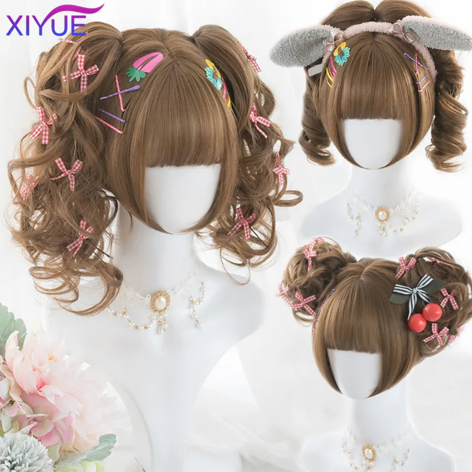 Peluca Sintética Corta con Dobles Coletas Rizadas y Flequillo – Estilo Lolita Cosplay